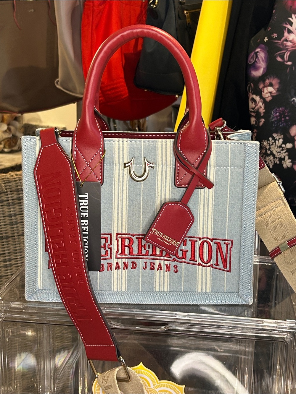 True Religion blue striped denim tote/ red leather trim 10.25”x 4.25”x 7.5” NWT - Picture 2 of 9